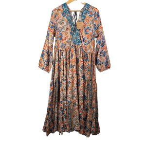 NAOO Nation Paisley floral Print In Gold Teal boho sequin tiered maxi dress sz 1